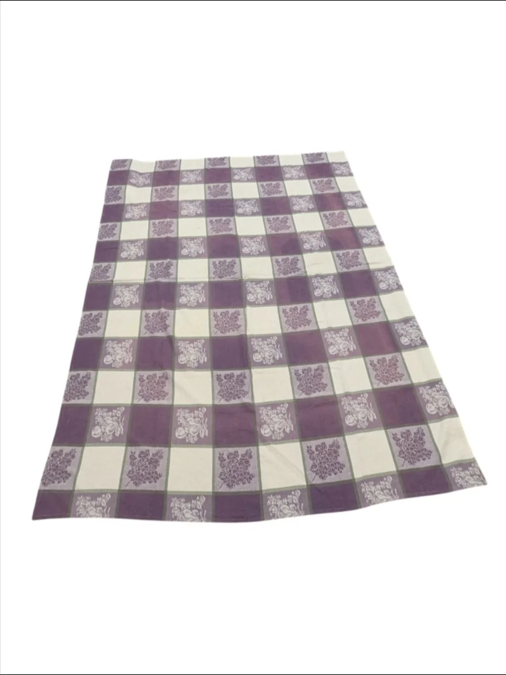 VTG 80s Purple Checkered Damask Fruit Woven Cotton Rectangular Tablecloth 78x56